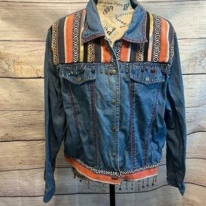 Keren Hart Vintage Denim Shirt Button Down Embellished Embroidery Beading Cotton